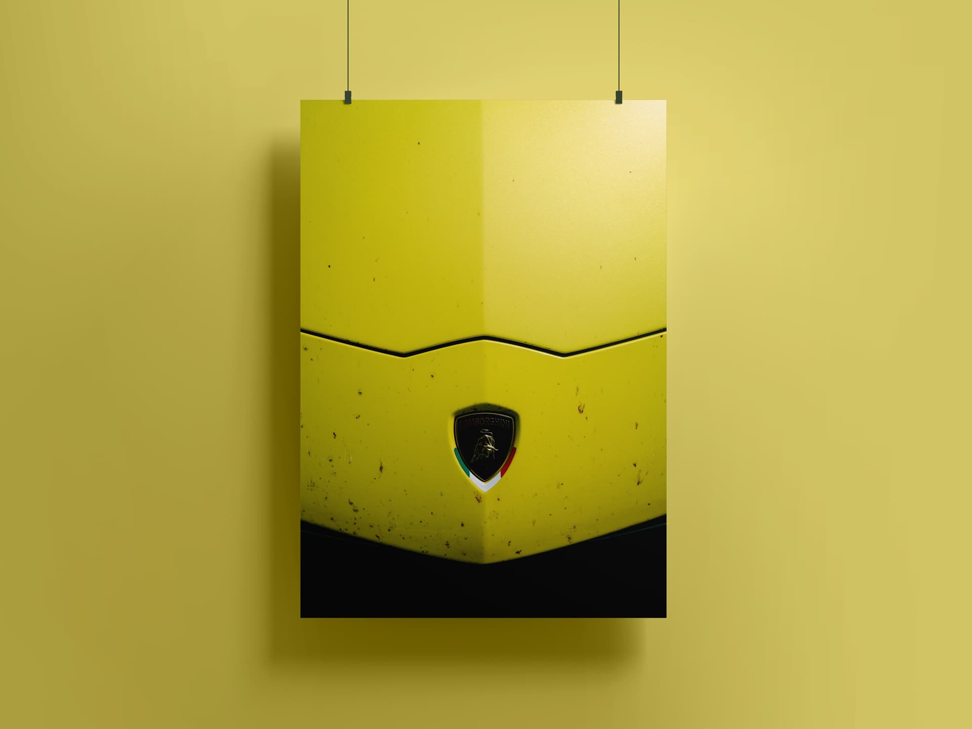 Ein Fineart Print der markante Front eines Lamborghini Aventador in gelb.